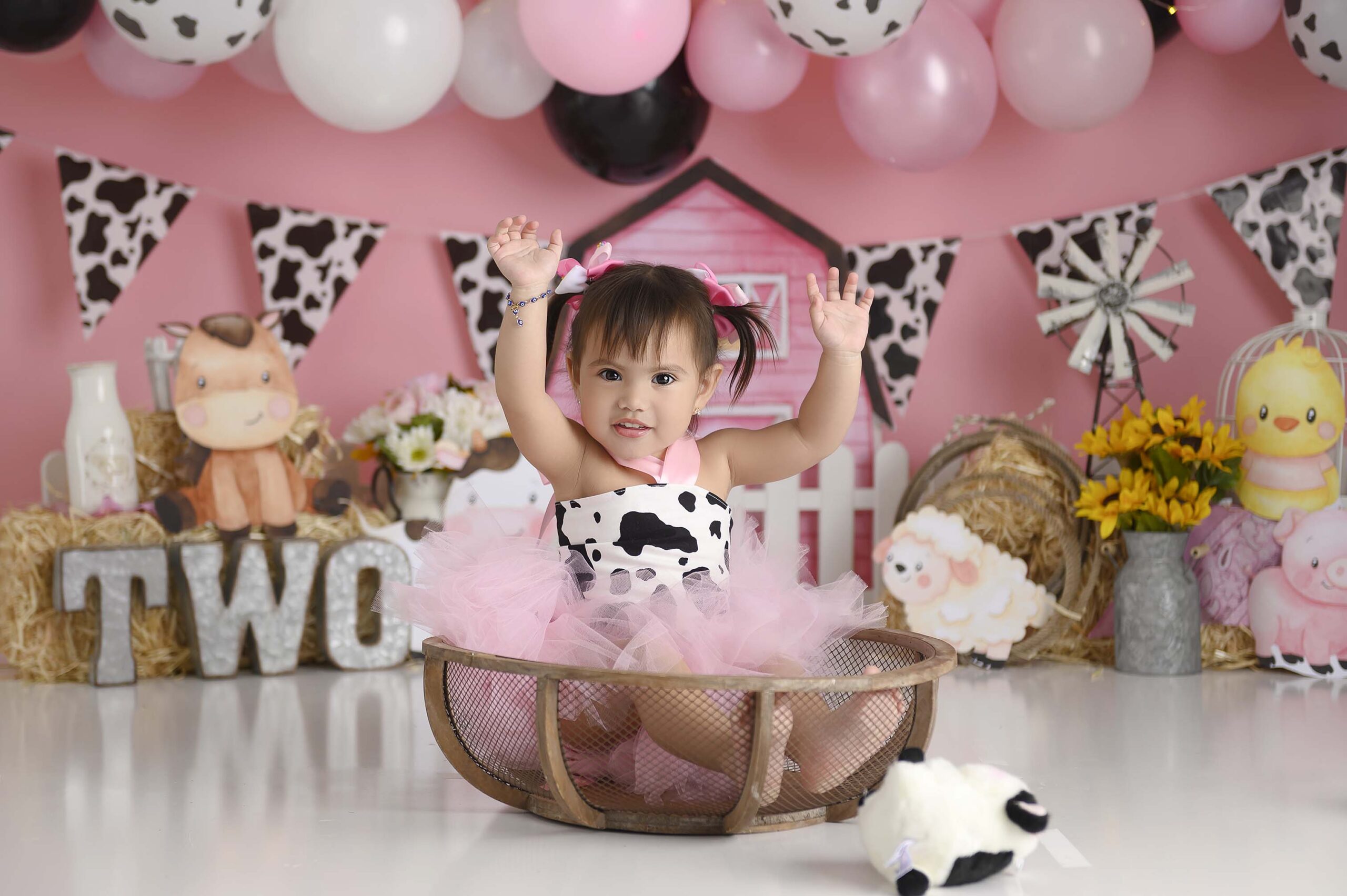 Flower-Mound-Lewisville-cake-smash-photographer-second-birthday-milestone-pink-barn-farm-animals-country-girl