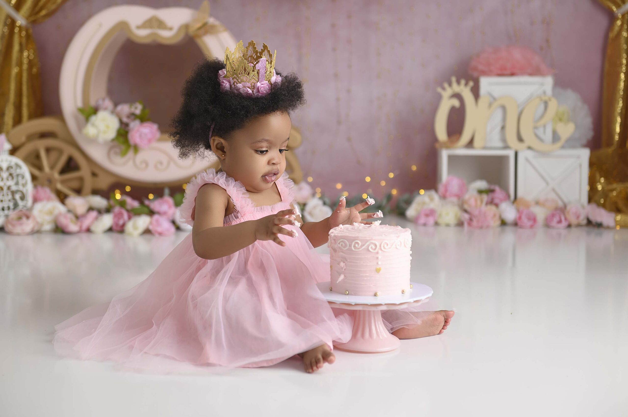 Keller-Roanoake-Trophy-Club-Leslie-Christine-Photography-cake-smash-photos-first-birthday-one-year-old-girl-princess-carriage-pink-gold-flowers-13